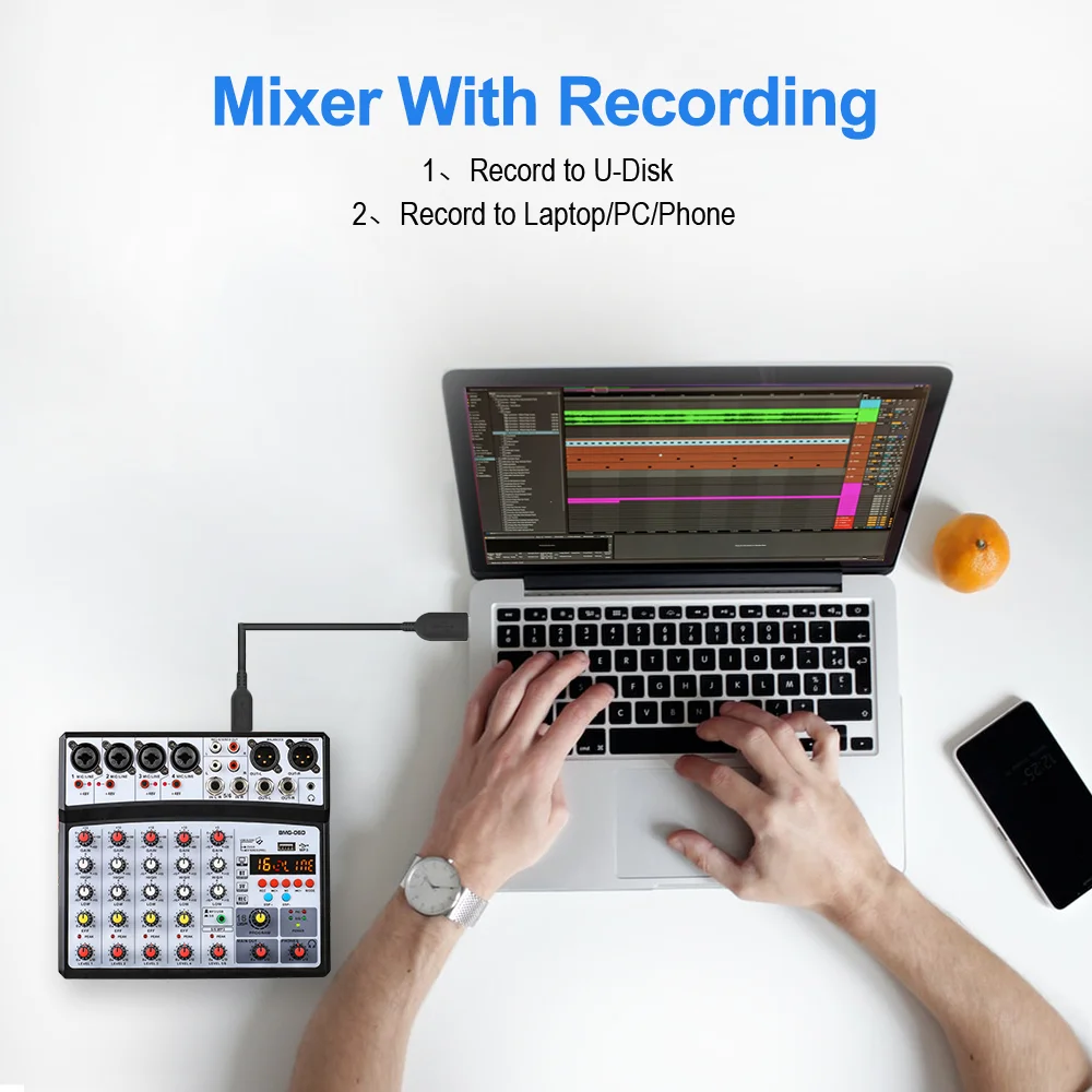 BOMGE Wireless 6 Channel Audio Mixer Portable Mixing Console USB Interface Sound Card With 16 DSP Echo 48V Phantom Power audio mixer