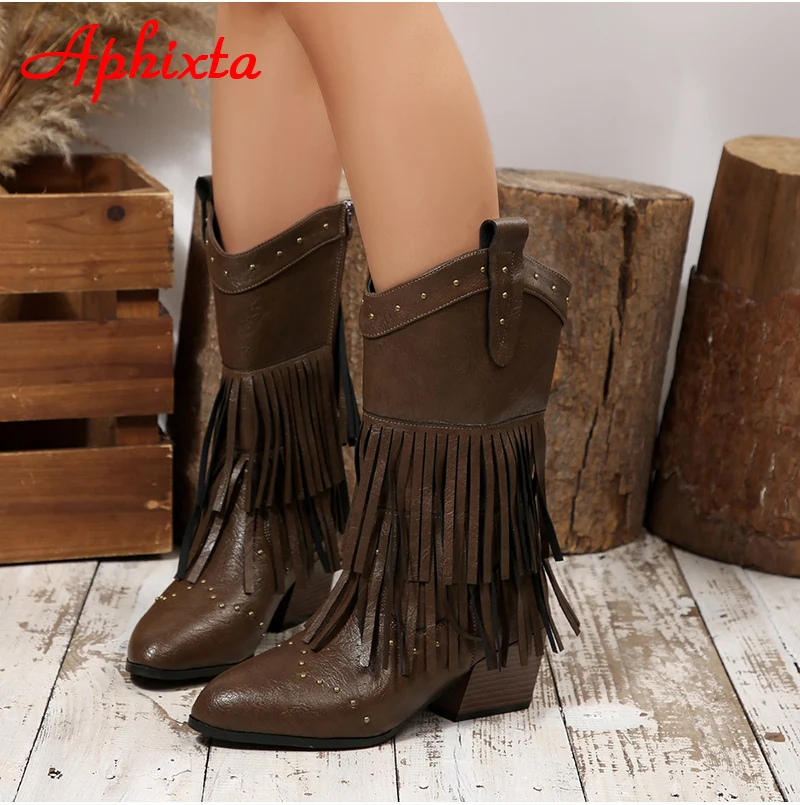 Aphixta Mid-Calf Boots 6cm Square Heel Tassel Design Back Zip Woman Shoes Rivets Fringe Pointed Toe Brown Big Size 43 Boot