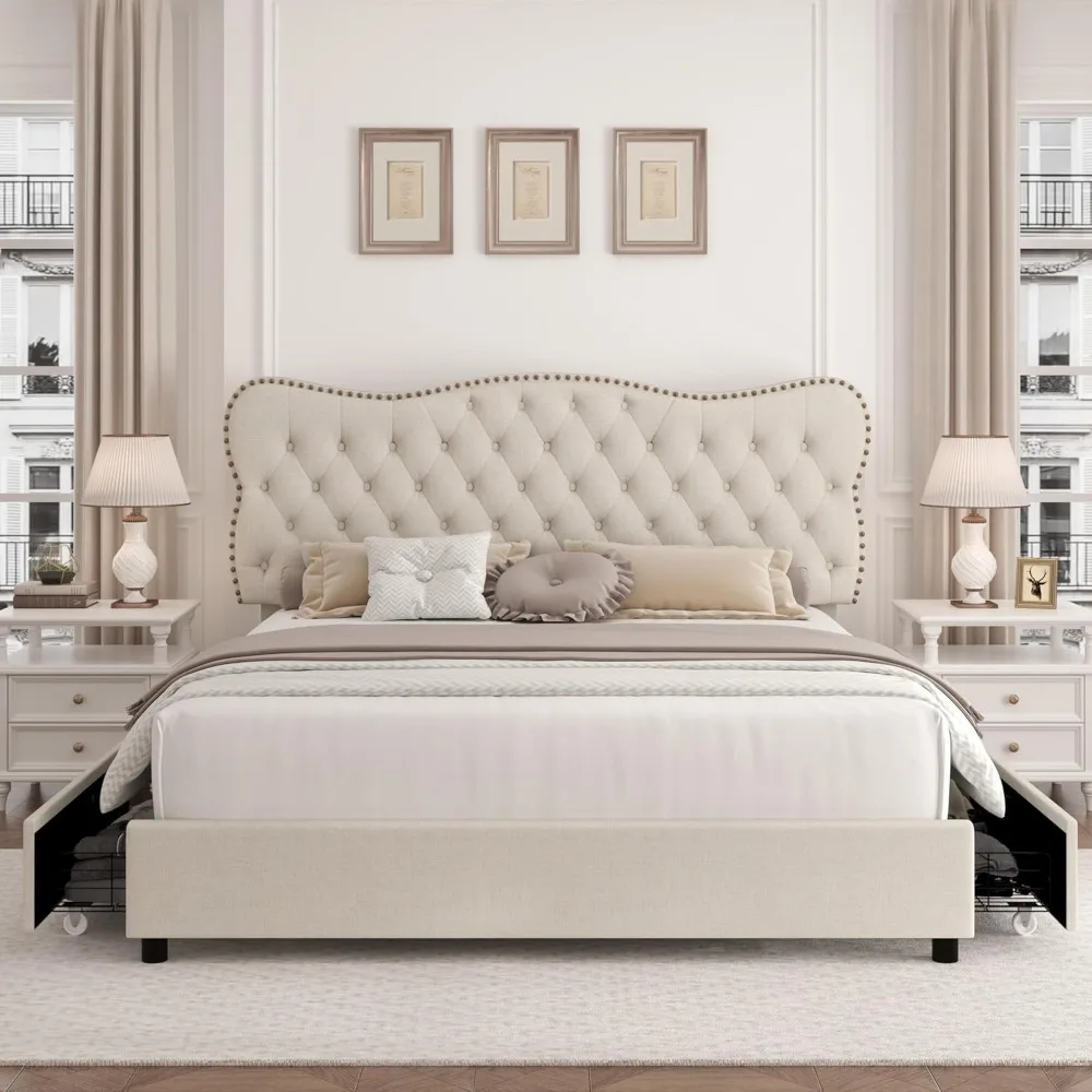King Bed Frame with 4 Storage Drawers, Upholstered Platform Bed Frame with Button Tufted Headboard,No Box Spring Needed (Beige) 3