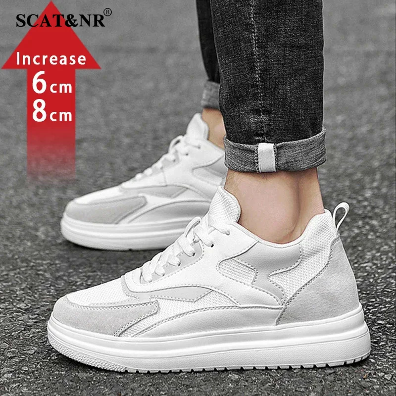 New Men Trendy Leather Sneakers Elevator Shoes Invisible Breathable Heightening Shoes 8cm Men'S Casual Light Sneakers Designer