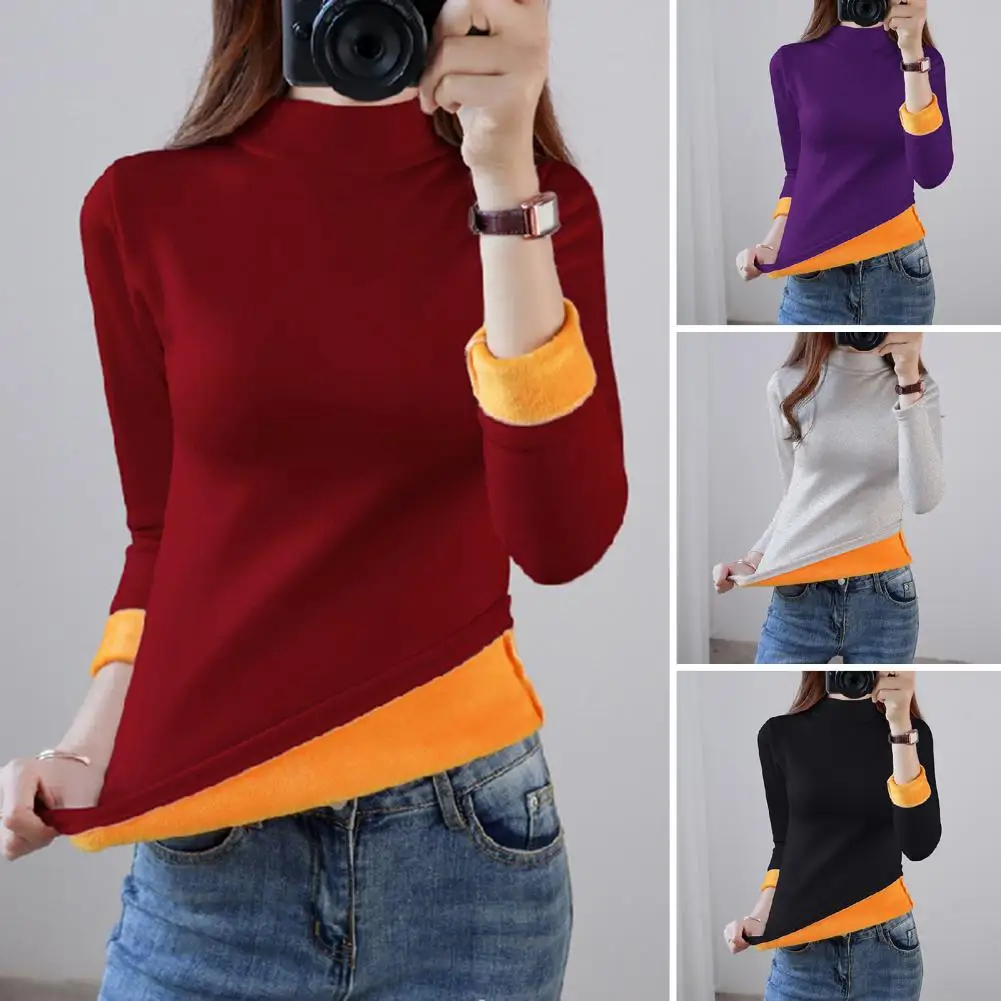 Thickened Fleece Lined Thermal Top Half High Collar Long Sleeves Basic Blouse Slim Fit Bottoming