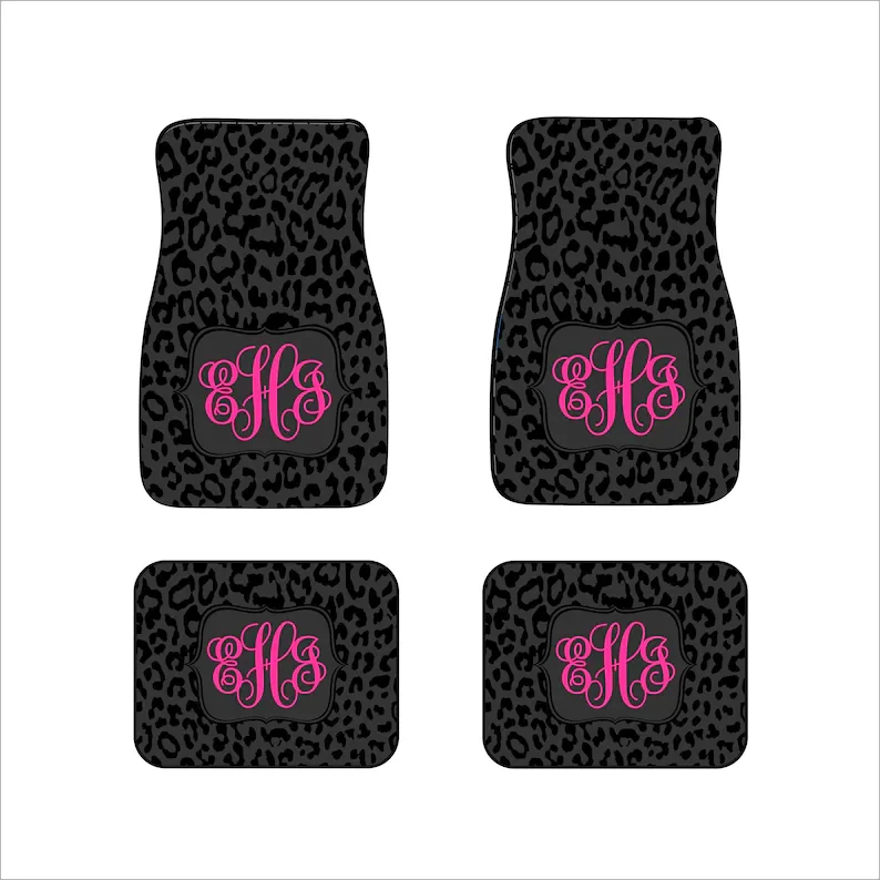 

Custom Monogram Car Floor Mats Front Car Mats Rear Mat Matching Coaster Personalized Car Gift Two Shades of Black Leopard Sweet