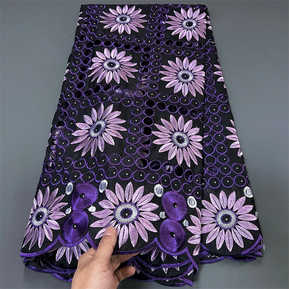 

African Cloth By Meter Fabrics Damask For Women Party Dresses With Rhinestones Embroidery 5Yards Cotton Black Design Lace Fabric