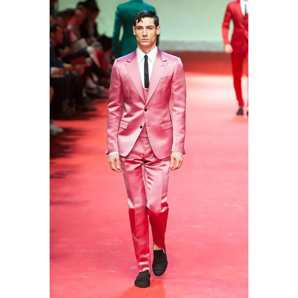 

Latest Coat Pant Designs Hot Pink Satin Men Suit Custom Slim Fit Tuxedo 3 Piece Gentle Set Prom Party Blazer Terno Masculino