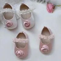 0-2Years Spring New Girl Cute Lace Walking Shoes Korean Anti Slip Breathable Soft Sole Satin Rose Ballet Style Princess Shoes 1