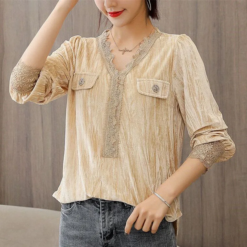 Multiple Colors Lace Spliced Puff Sleeve Blouse False Pocket Design V-Neck Golden Velvet Thin Metal Ornament Decoration Ladies y891 new popular korean edition network red elegant neck ornament neckband personalized multicolor women s gold velvet collar ne