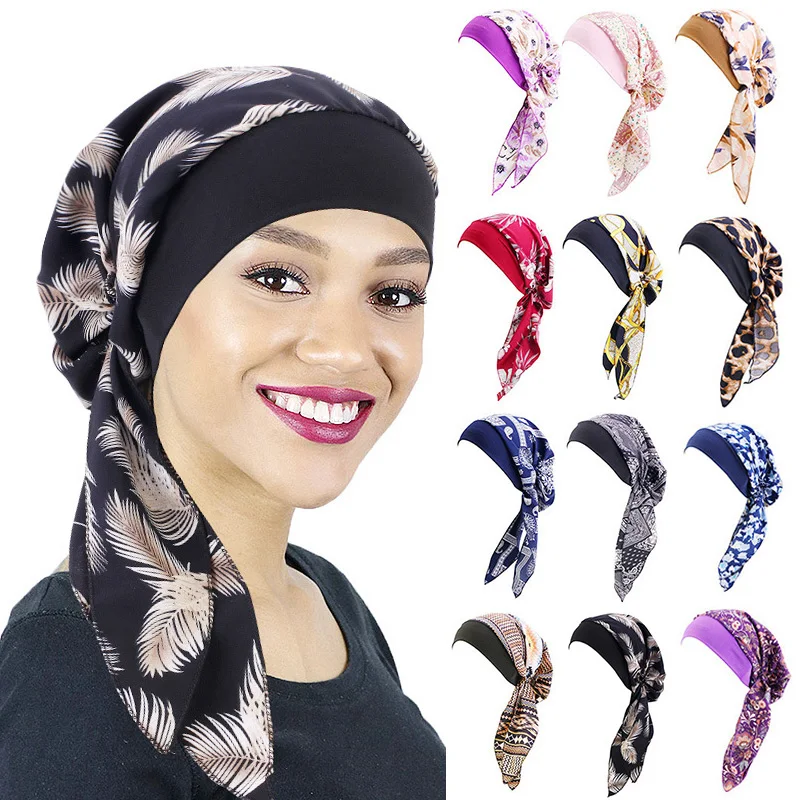 

Fashion Flower Printed Muslim Turban Women Inner Hijab Caps Arab wrap islamic Underscarf Long Tailmuslim hijab turbante mujer