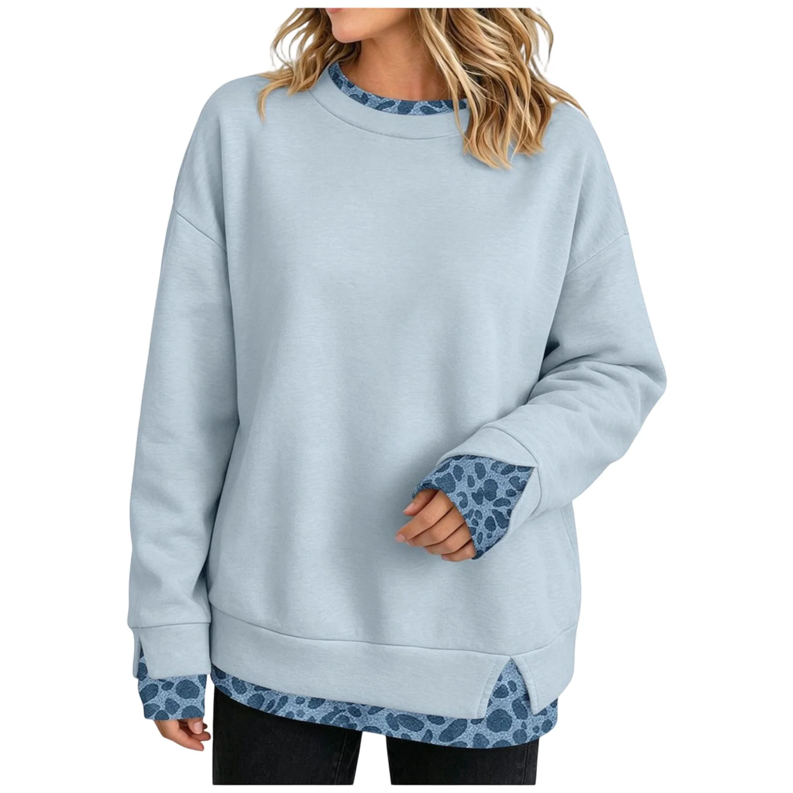 Crew Neck Sweatshirts Women Cute Long Sleeve Oversized Sweatshirt Plaid Pullove In Layered Tunic Leopard Print Zip up Hoodie