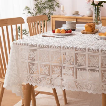 Antique Embroidered Lace Tablecloth - Solid Color Elegant Floral Cutwork Polyester Square Tablecloth, Suitable for Wedding Parties, Thanksgiving, and Home Decoration - Machine-Woven, Durable Weaving, 100% Polyester 1