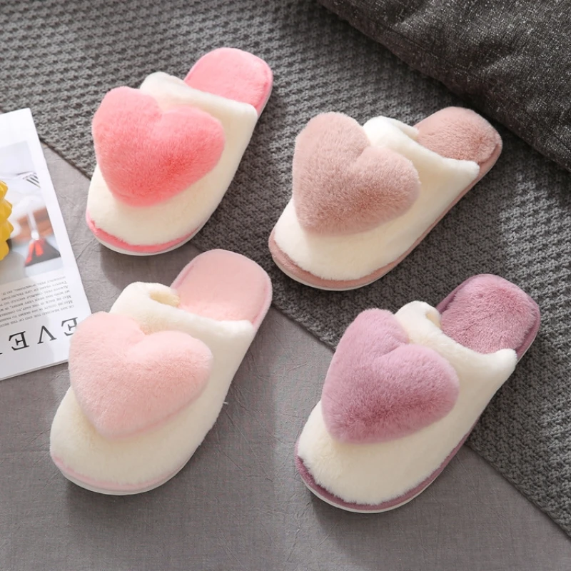 Autumn Winter Women Heart Shaped Home Slippers Ladies Fashion Indoor Warm Fluffy Slides Females Cute Casual Non-slip Plush Shoes 3