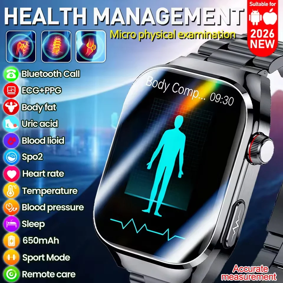2026 New Nursing Grade Uric acid Blood lipids Smart Watch Men ECG+PPG Blood Pressure Heart Rate Bluetooth Call Health Smartwatch 1