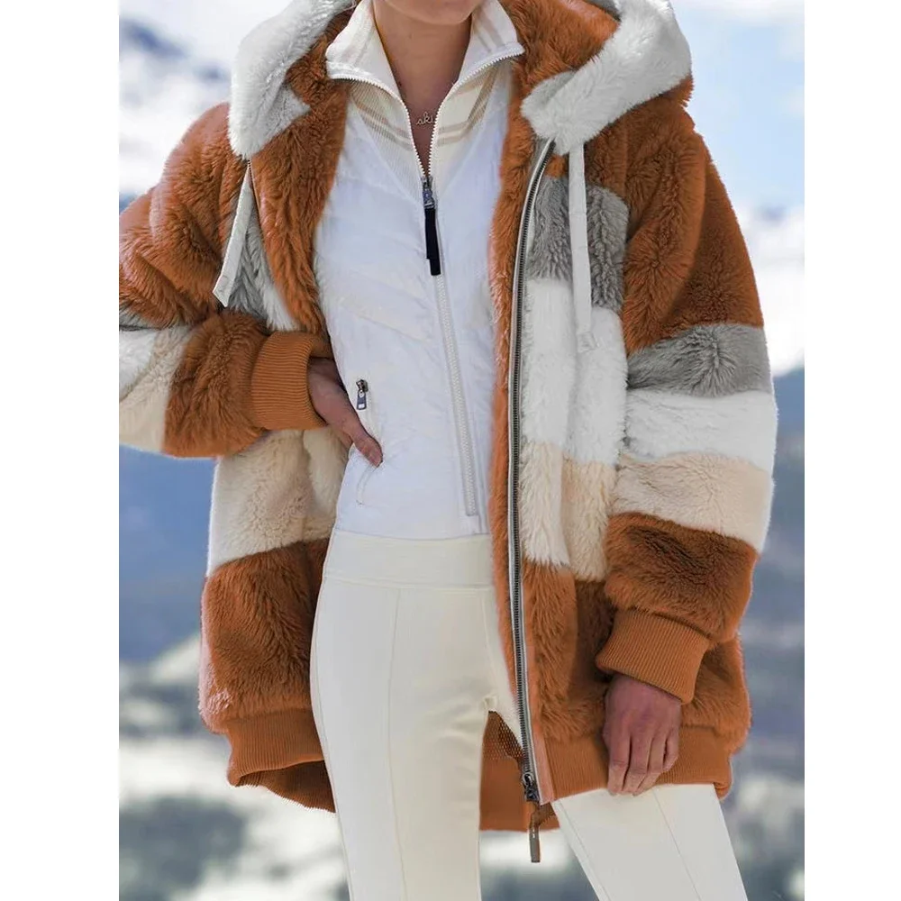 Oversized Jacket for Women Coat 2024 Autumn Winter Warm Plush Pocket Hooded Streetwear Loose Lady Zipper Cashmere Outerwear Coat 5