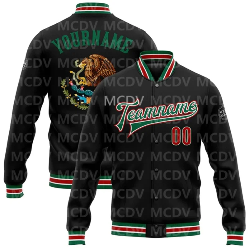 Custom Black Red-Kelly Green Mexico 3D Bomber Full-Snap Varsity Letterman Jacket  Baseball Button Jacket