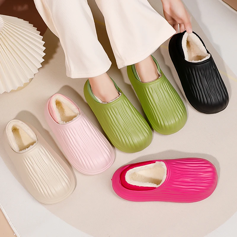 New Waterproof Cotton Slippers for Women Indoor Non Slip Fleece Lining Warm Home Slides Woman Comfort Soft Sole Couple Shoes