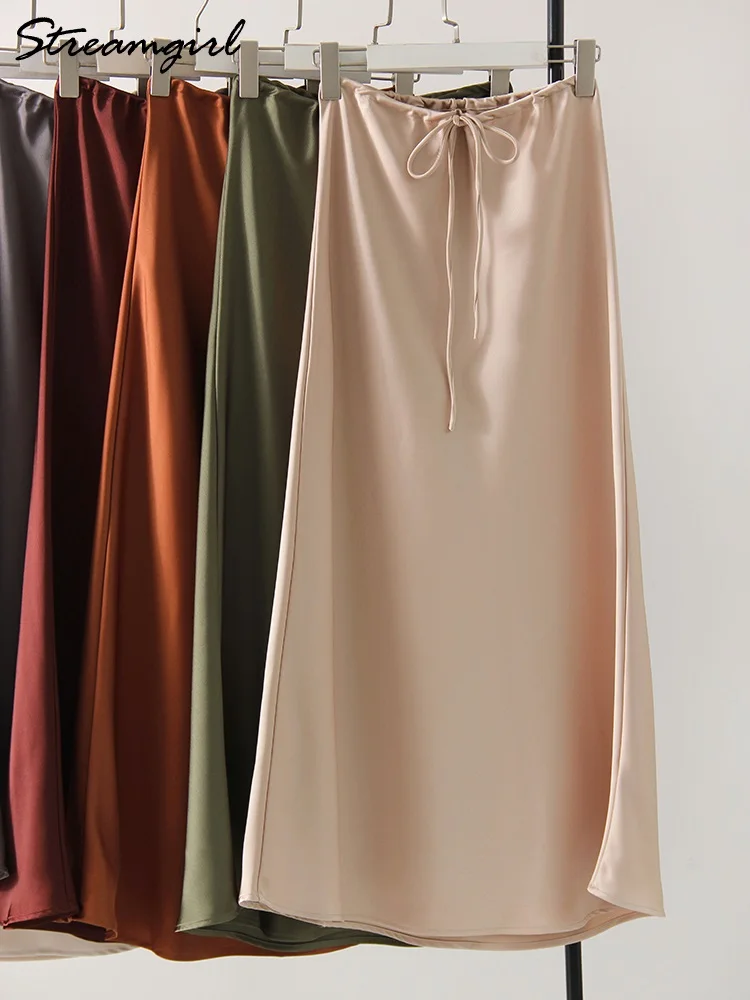 【COLOR iN ID】satin long skirt Champagne Long Skirts For Women Elegant 2025 Luxury Satin