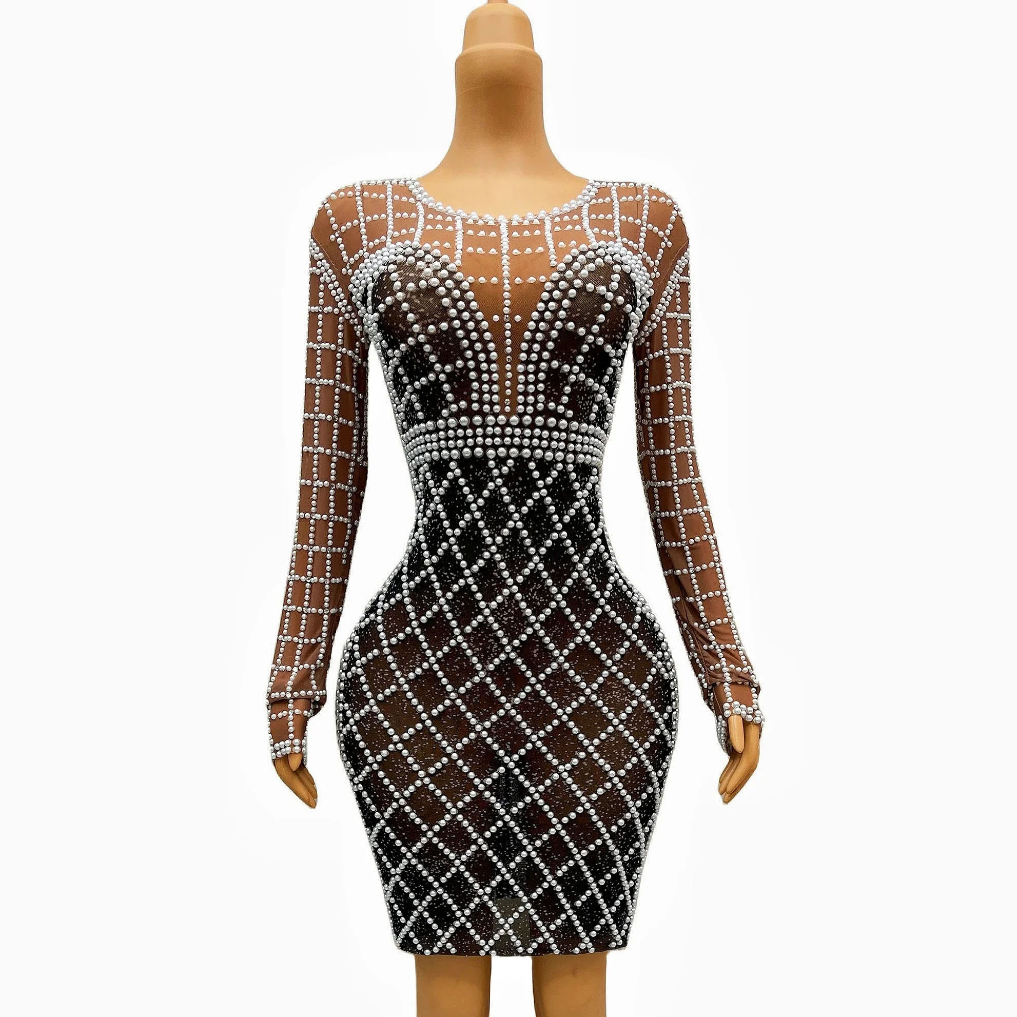 

New Pearls Brown Black Transparent Long Sleeves Dress Evening Birthday Celebrate Dress Party Dance Performance Costume