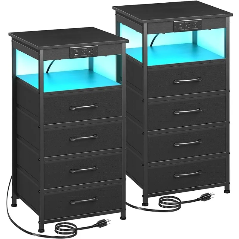 

Nightstands Set of 2,Large End Tables with USB C Ports and 2 Outlets, Bedside Table with LED Light Strip and 4 Fabric Drawers