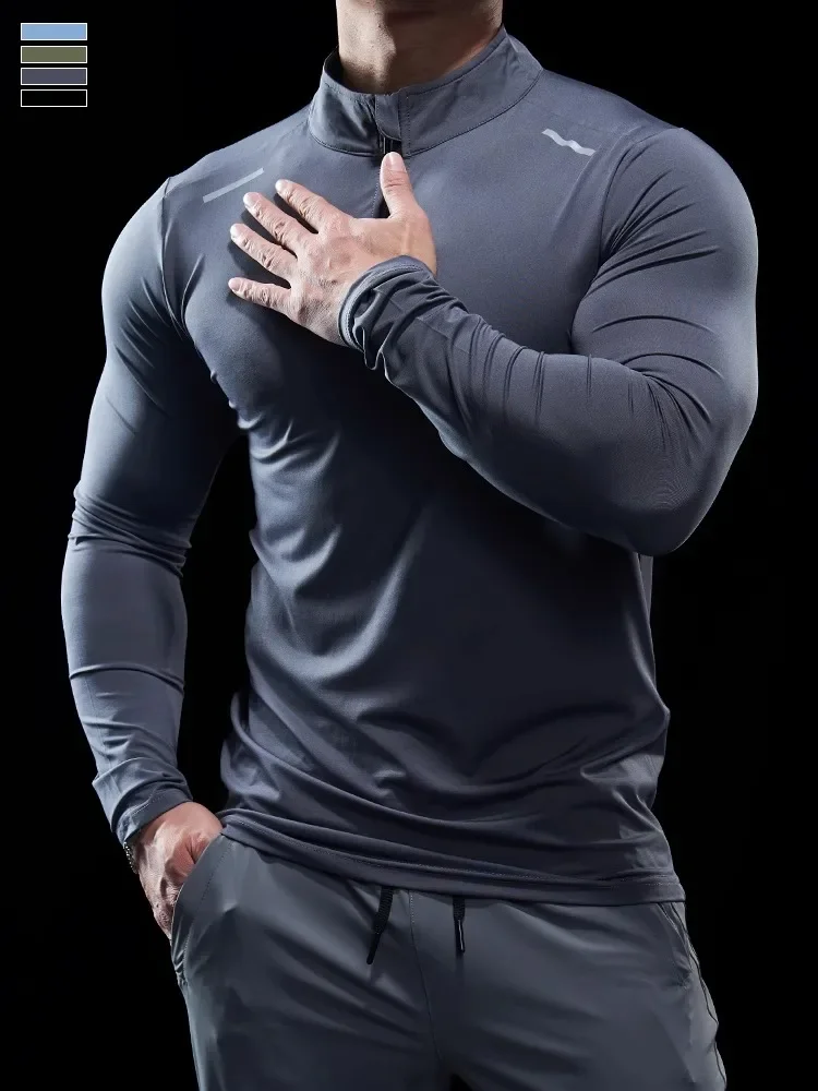 Men Stand Collar Zipper T-shirt Gym Running Training Fitness Bodybuilding Sport Top Quality Elastic Long Sleeve Tight Tops Tees 4