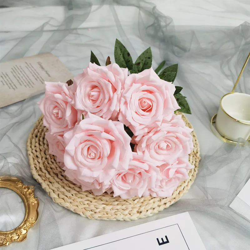 Simulated 9 Diamond Roses Flowers Arrangement Wedding Corner Rose Autumn Retro White Colorful Artificial Flowers Home Decor