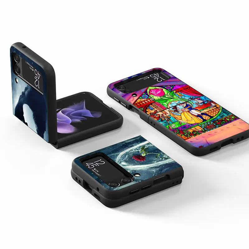 Funda 삼성 갤럭시 Z 플립 3 4 5G Flip3 Flip4 용 케이스, 블랙 PC 하드 럭셔리 백 폰 커버, 미녀와 야수 쉘