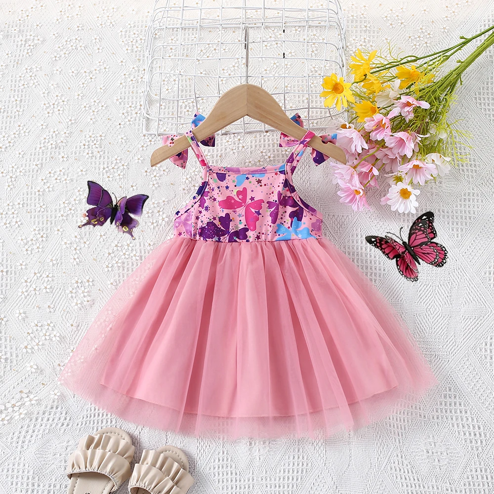 Girls Dress Baby Girl Dress Summer Girl's Bow Suspender Patchwork Mesh Princess Dress Baby Birthday Party Dress