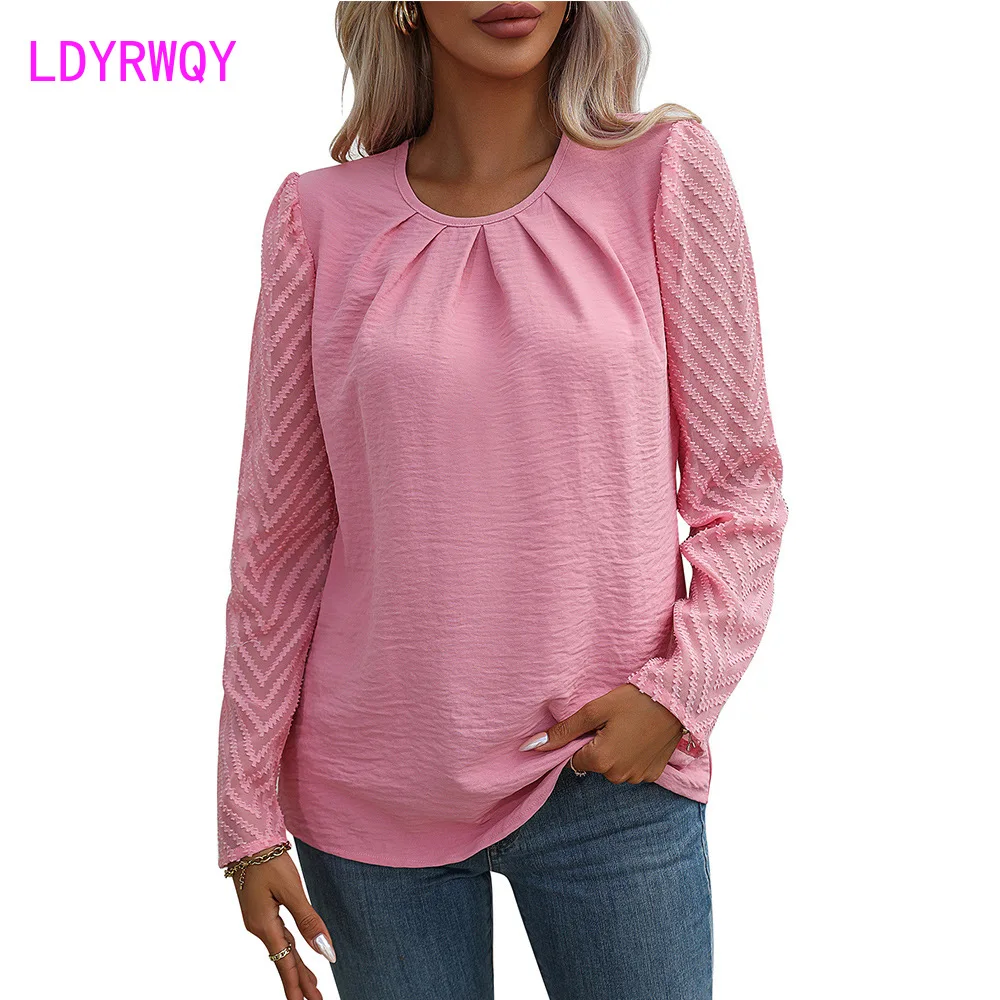 2023 Autumn New Women's Amazon Round Neck Pleated Chiffon Perspective Long Sleeve Temperament Shirt