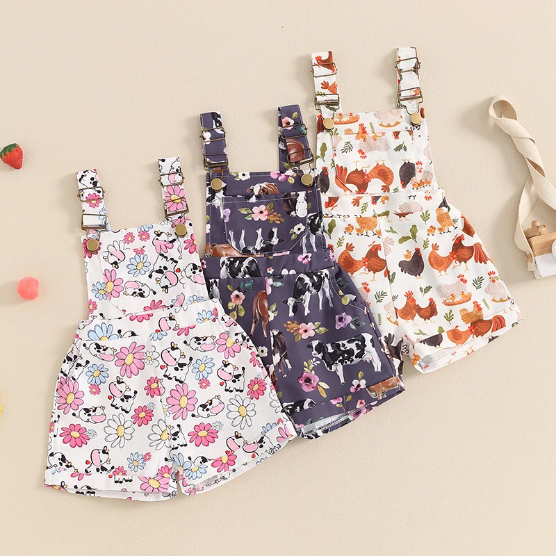 

Kids Baby Girl Casual Denim Overalls Summer Flower/Chicken/Cow Print Jeans Strap Suspender Shorts Outfit