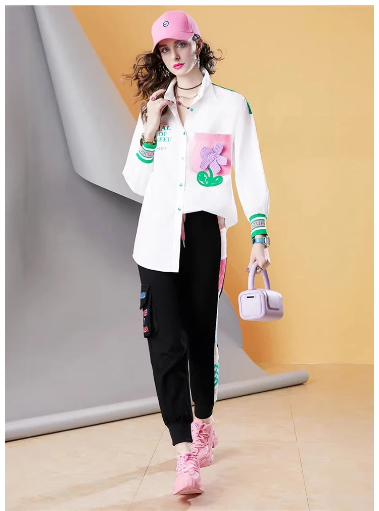 ربيع جديد جودة عالية 100% القطن المرأة طويلة الأكمام قميص فضفاض خياطة بلوزة غير رسمية للنساء