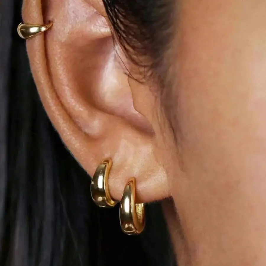 Classic Hoop Earrings for Women Girls Gold Color Chunky Stainless Steel