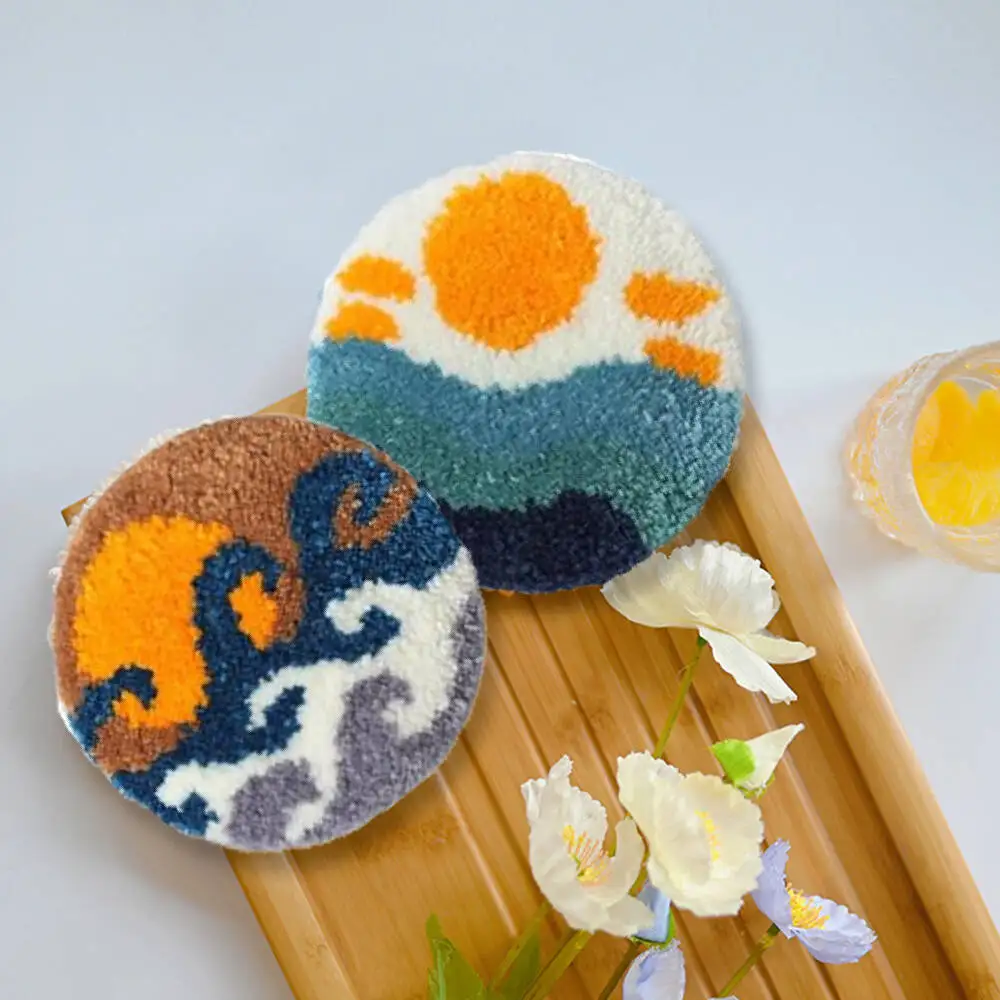 6pcs Craft Punch Needle Coasters Kit Landscape Patterns Suitable Beginners Handmade Embroidery Set For Gifts