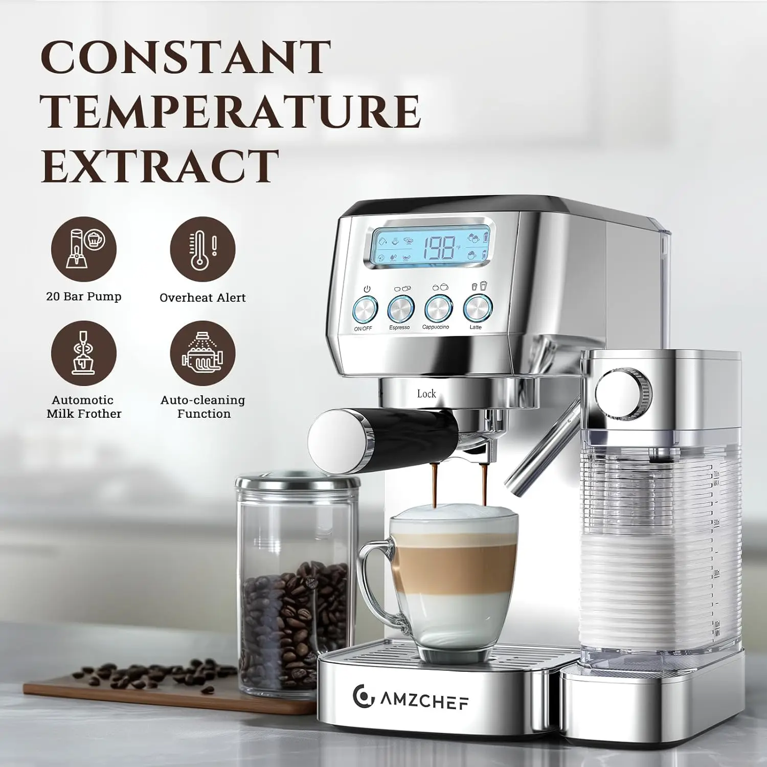 with LCD Display, 20 Bar Cappuccino Machines with Automatic Milk Frother for Home Gifts, Latte Coffee Maker with Dual Wall & ESE 2