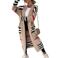  Autumn Winter Knitted Cardigan Women Striped Patchwork 2022 Elegant Loose Long Outerwear Maxi Y2k Sweater Coat Soft Jacket 