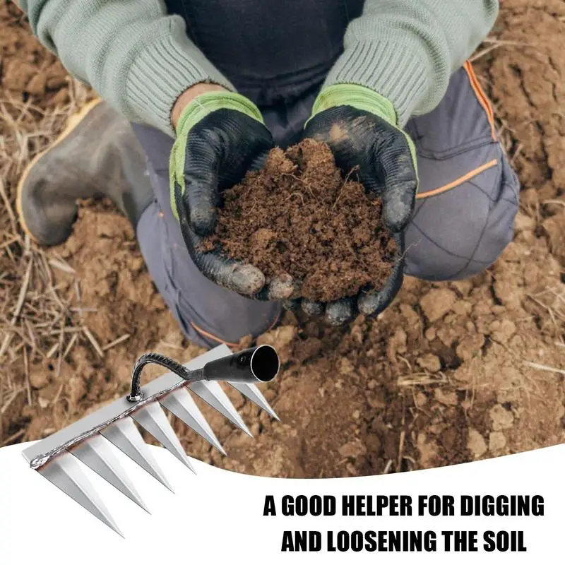 Carbon Steel Garden Hand Rake Tines Rake Dethatching Weeding Acreage Rake Rock Gravel Root Garden Tools 4/5/6/7 Tines 3