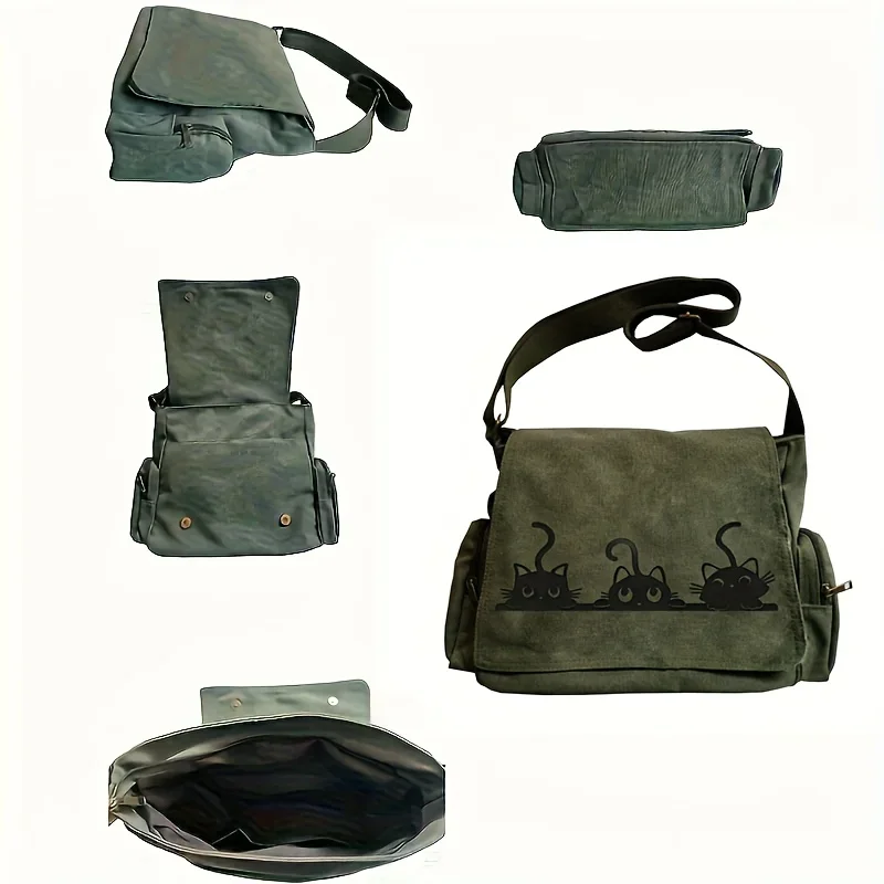 Kawaii Cat Trio Pattern Shoulder Bags Large Capacity Canvas Women's Crossbody Bag Buckled Daily Outings Messenger Bag