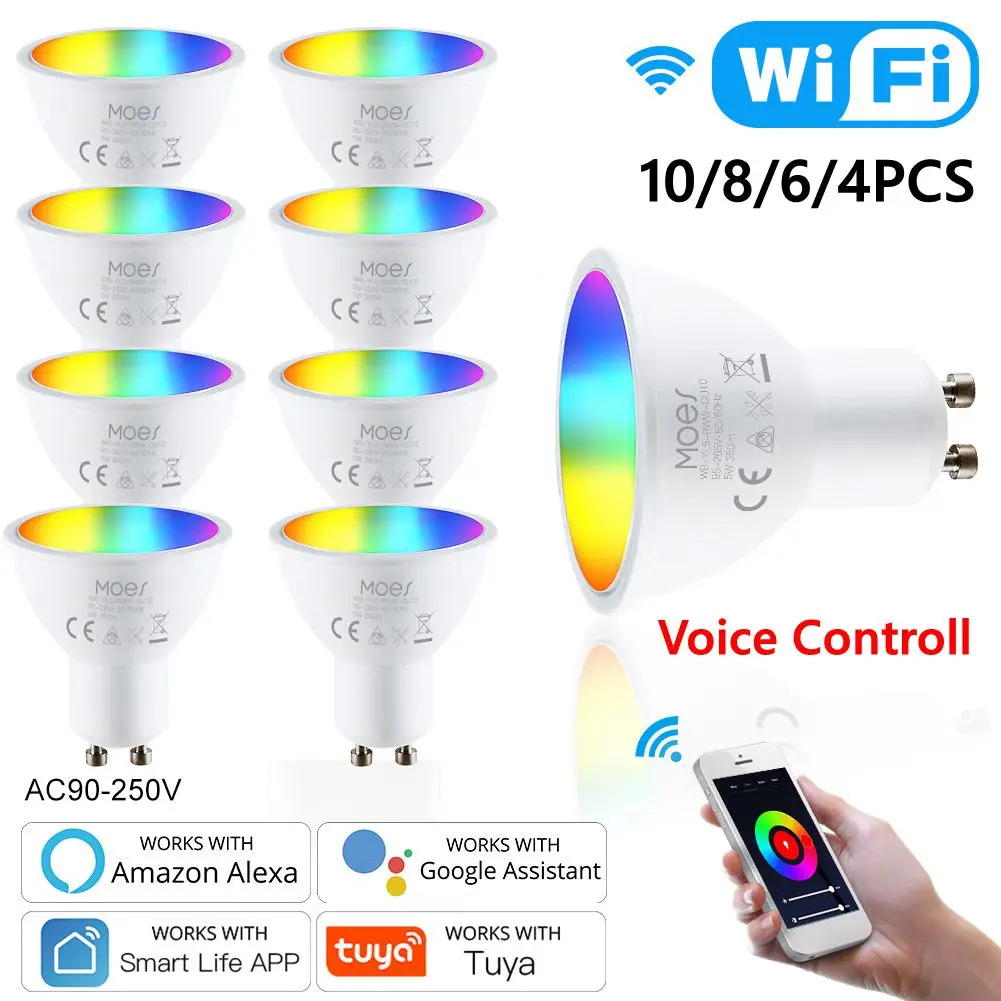 

Умная лампа MoesHouse GU10, 2,4 лм, Wi-Fi, ГГц, изменение цвета RGB