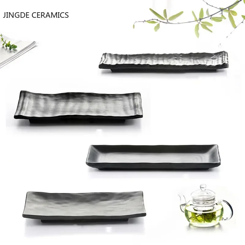 Barbecue Plate Black Scrub Striped Barbecue Meat Sushi Plate Melamine Kitchen Cutlery Korean Cuisine Saury Fruit Dessert Sushi Storage Plate