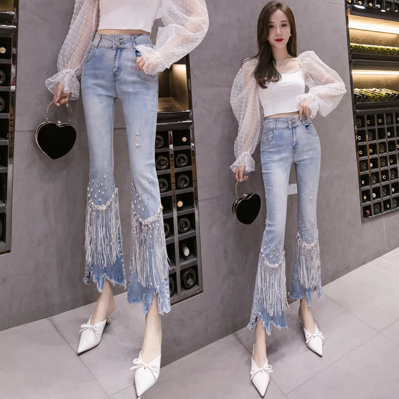 

Tassels Irregular Oversize Women Flare Jeans Pants Pearls Beading Denim Skinny Jeans Woman High Waist Pants Mom Jeans