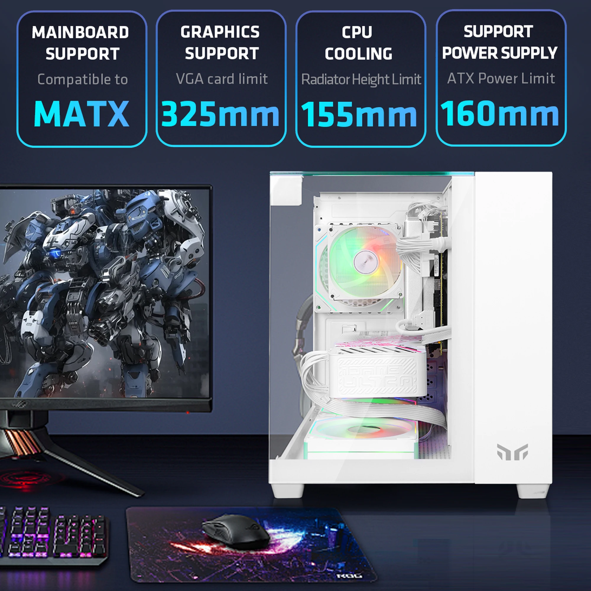 예, 매직 큐브 Matx 컴퓨터 케이스 270 ° 파노라마 게이밍 & 비즈니스 PC 케이스 3면 s형, 3개의 사전 설치된 팬 포함