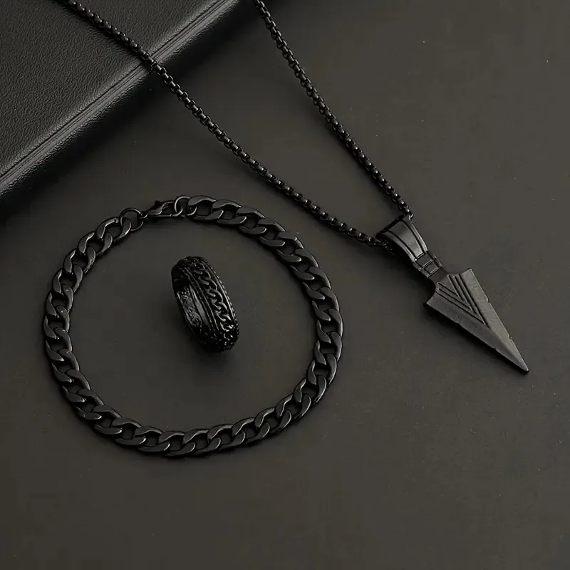 3pcs Set Arrow Jewelry Set Punk Hip Hop Chain Bracelet Ring Necklace for Women Men Cool Style Party Jewelry Gifts