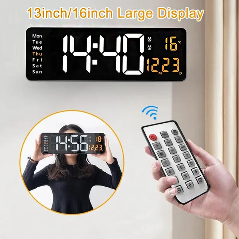 

Large Digital Wall Clock Remote Control Temperature Date Week Display Adjustable Brightness LED Table Alarms Clocks Home Decor