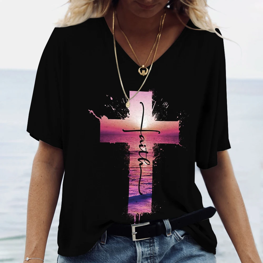 Gesù Cristo T-shirt da donna con scollo a V in cotone Pullover Haruku Abbigliamento Estate Camicia a maniche corte oversize Donna Casual801_voghion.com