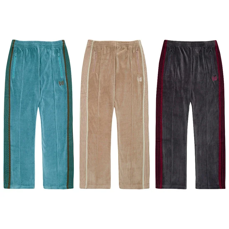 

NEEDLES Arrival Cotton Velvet Pants Butterfly Embroidery Trousers Men Women Oversize 1:1 Webbing Track Stripe Zipper Sweatpants