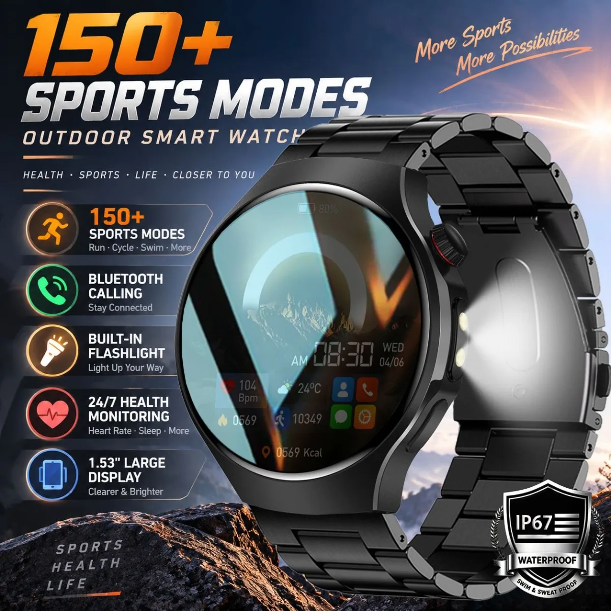 Sports Smart Watch:Bluetooth Call IP67 Waterproof 150+ Sport Modes Flashlight Full Touch Screen Health Monitor Smartwatch NEW
