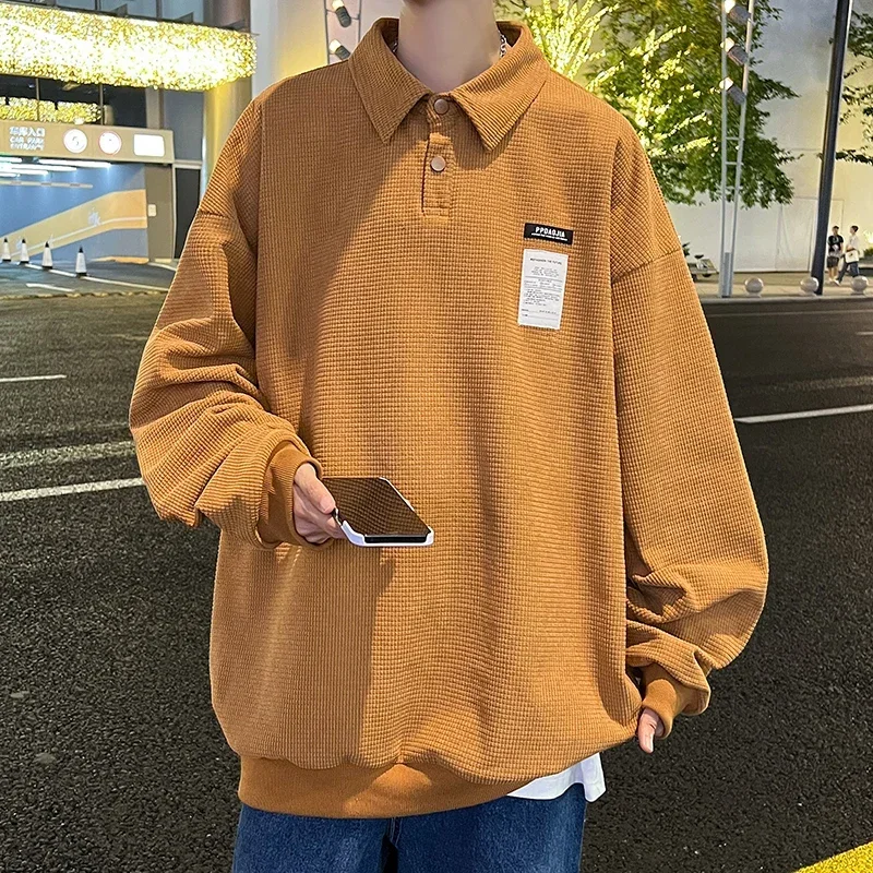 

Men's Corduroy Polo Lapel Hoodies Long-sleeved Sweatshirt Solid Color Loose Casual Couple Basic Soft Senior Bottoming Shirt Top