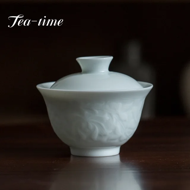 150 Ml Kézzel Készített Árnyék Celadon Tea Tureen Megkönnyebbülés Lotus Art Scalding Hand Grab Bowl Maker Ceramic Gaiwan Kung Fu Teakészlet
