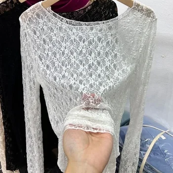 2025 Sexy and slightly transparent black lace shirt women long sleeved Spring and Autumn New slim fit inner layer with mesh