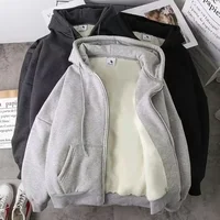 Men's Fleece Lined Hooded Jacket Thickened Zipper Cardigan Casual Loose Fit Autumn Winter Outerwear for Students And Adults