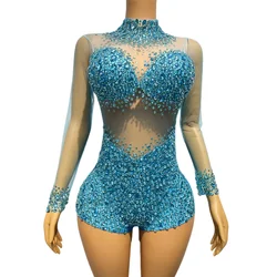 Crystals Leotard Sexy See ThroughCrystal Bodvsuit Dance Costume WomenNightclub Party Birthday Outfit Show StageWear