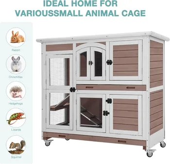 Rabbit Hutch Indoor Bunny House Guinea Pig Cage with Sliding Plastic Trays, Wheels & Ramp, Multi-Door Wooden Small Animal Cage 6