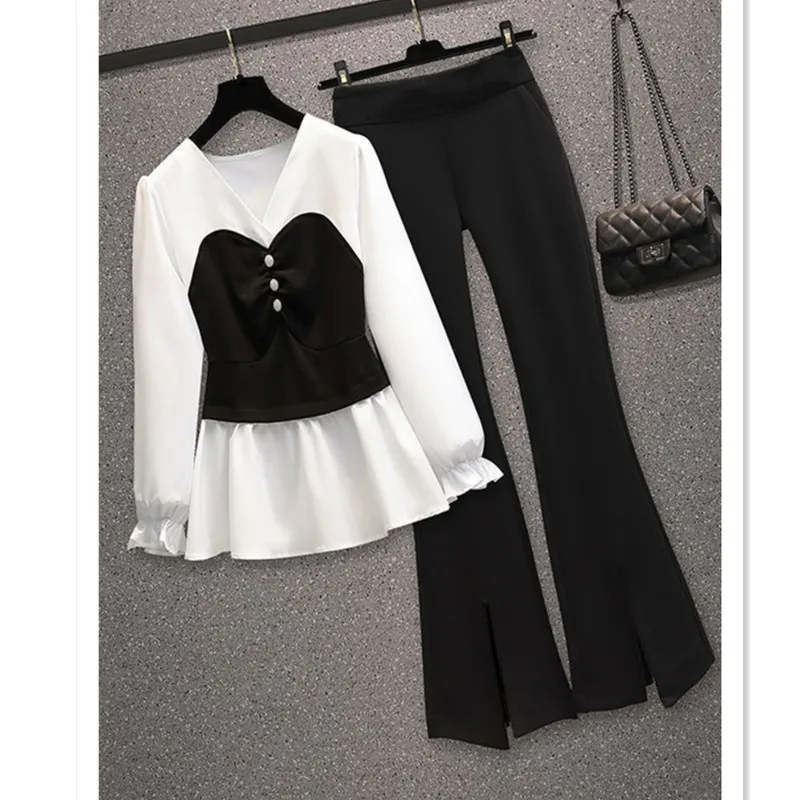 

2 Piece Sets Womens Outfits For Spring Summer 2024 New Fashion V-Neck Patchwork Top & Flare Sleeve Female Oversize Costume